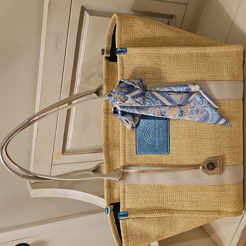 NEW Kurt Geiger Large Southbank Zip Top Shopper: Woven Beige W/ Blue Tones